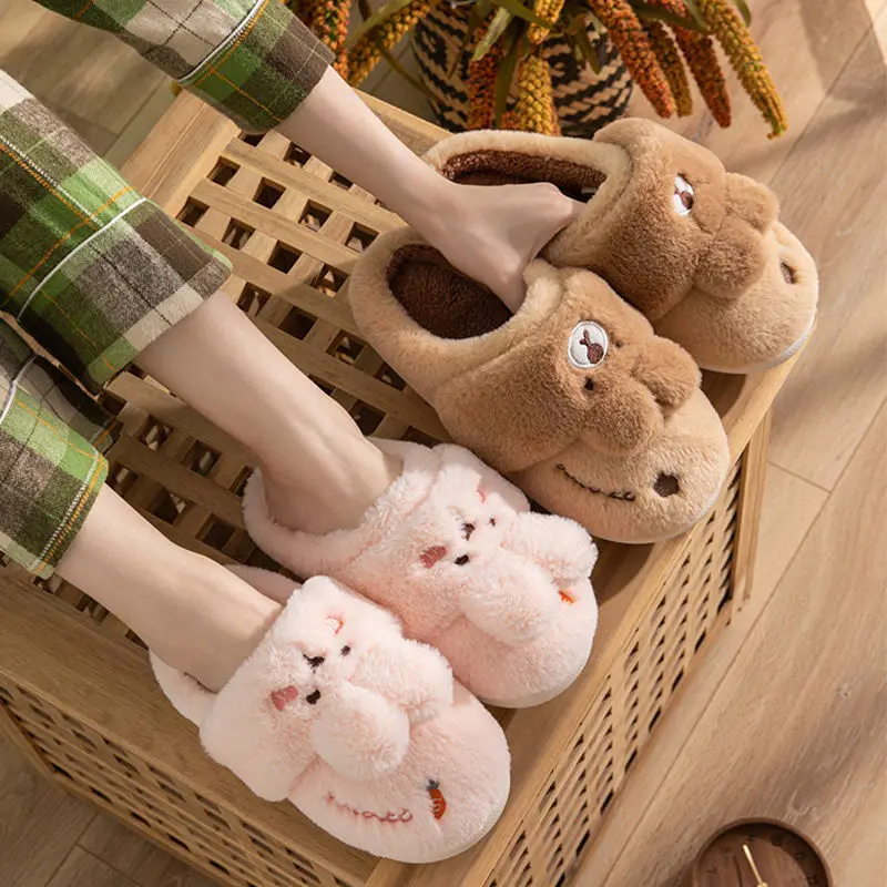 Women Winter Home Slippers Non-Slip Soft Warm House Shoes Men Ladies Indoor Bedroom Couples Cartoon Rabbit Bear Floor Slides