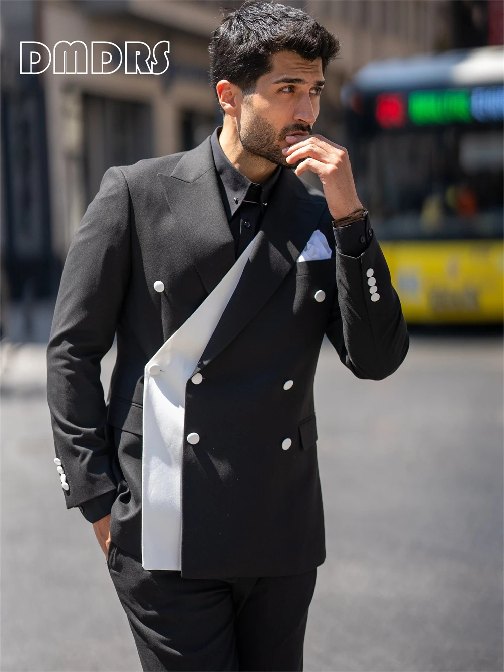 

Black Slim Fit Double-Breasted Suit, Contrasted Colors Fashionable Suit Set Jacket Pants Tuxedo , XS-5XL Customized Blazer Pant