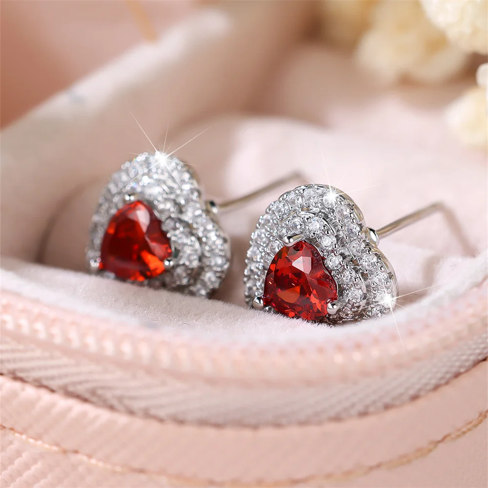 Fashion Red Crystal White Zircon Love Heart Stud Earrings For Women Vintage Silver Color Wedding Earring Valentine Jewelry Gifts