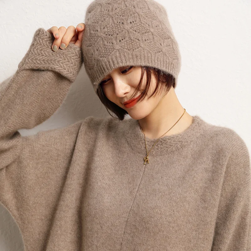 100%Pure Wool Women\'s Knit Beanie Winter Autumn Warm Soft Fashion Pullover Cap Hollow Hook Flower Luxury Wollen Skullies Cap