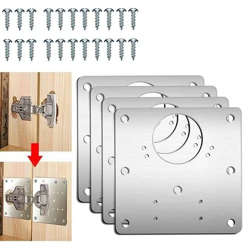 4pcs Stainless Steel Hinge Repair Plate Kit Cabinet Door Reinforcement Brackets with Screws for Wood Furniture Frame Fix
