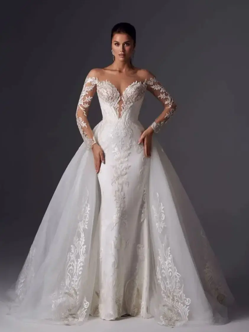 Vestido de novia de sirena de manga larga con escote en forma de corazón de lujo, pegatinas de encaje de tul brillante, vestido de novia desmontable, personalización