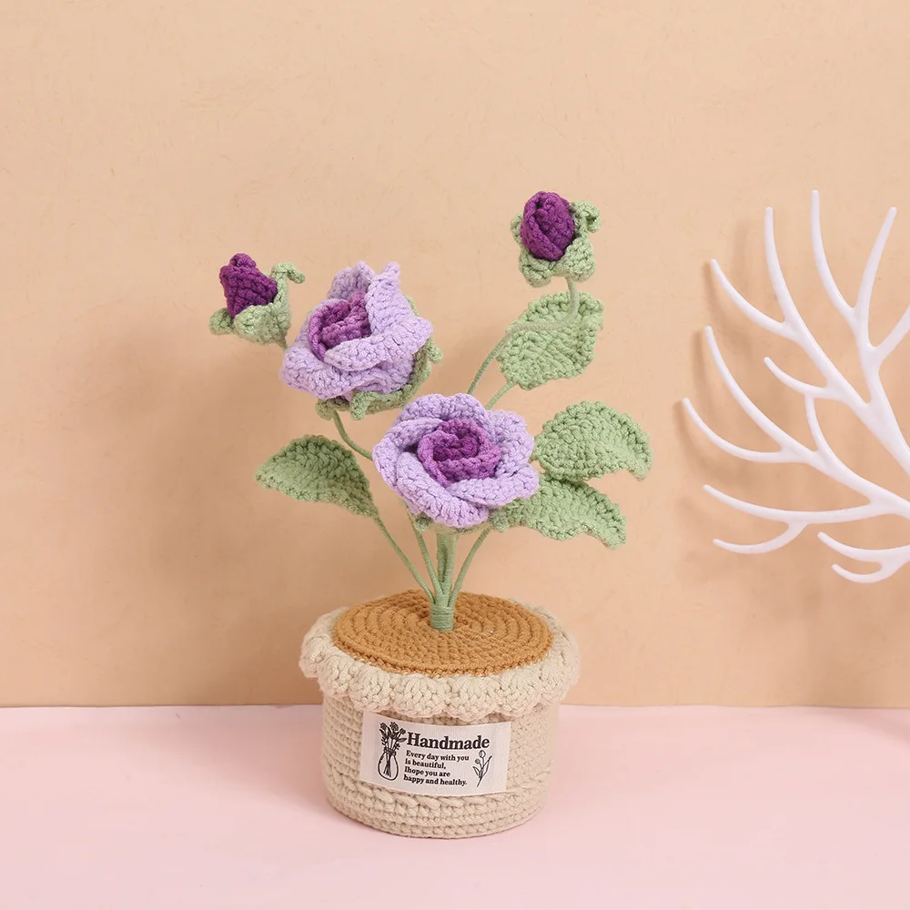 Fertiggestellter handgemachter Rosenblumentopf, kreativer gehäkelter Blumentopf, künstliche Pflanzen, Hochzeitsraumdekoration, Geschenk für Freunde – Detail 3
