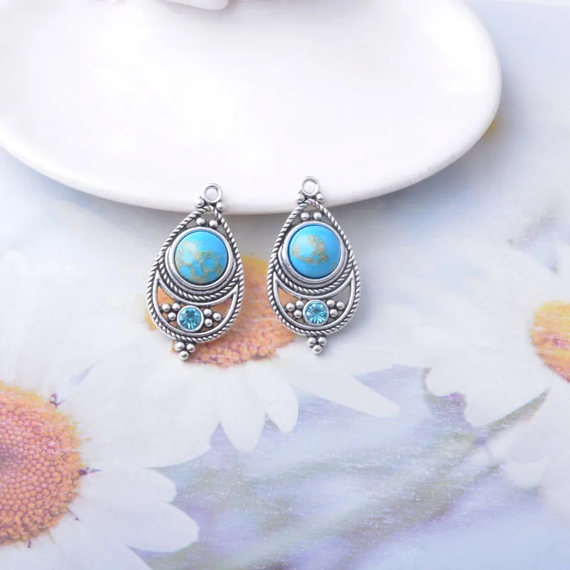 10 Stück Böhmischer Stil Antik Silberfarbene Stein- und Acryl-Anhänger Zinkmetall-Ohrringe Anhänger Zubehör DIY Damenschmuck – Detail 11