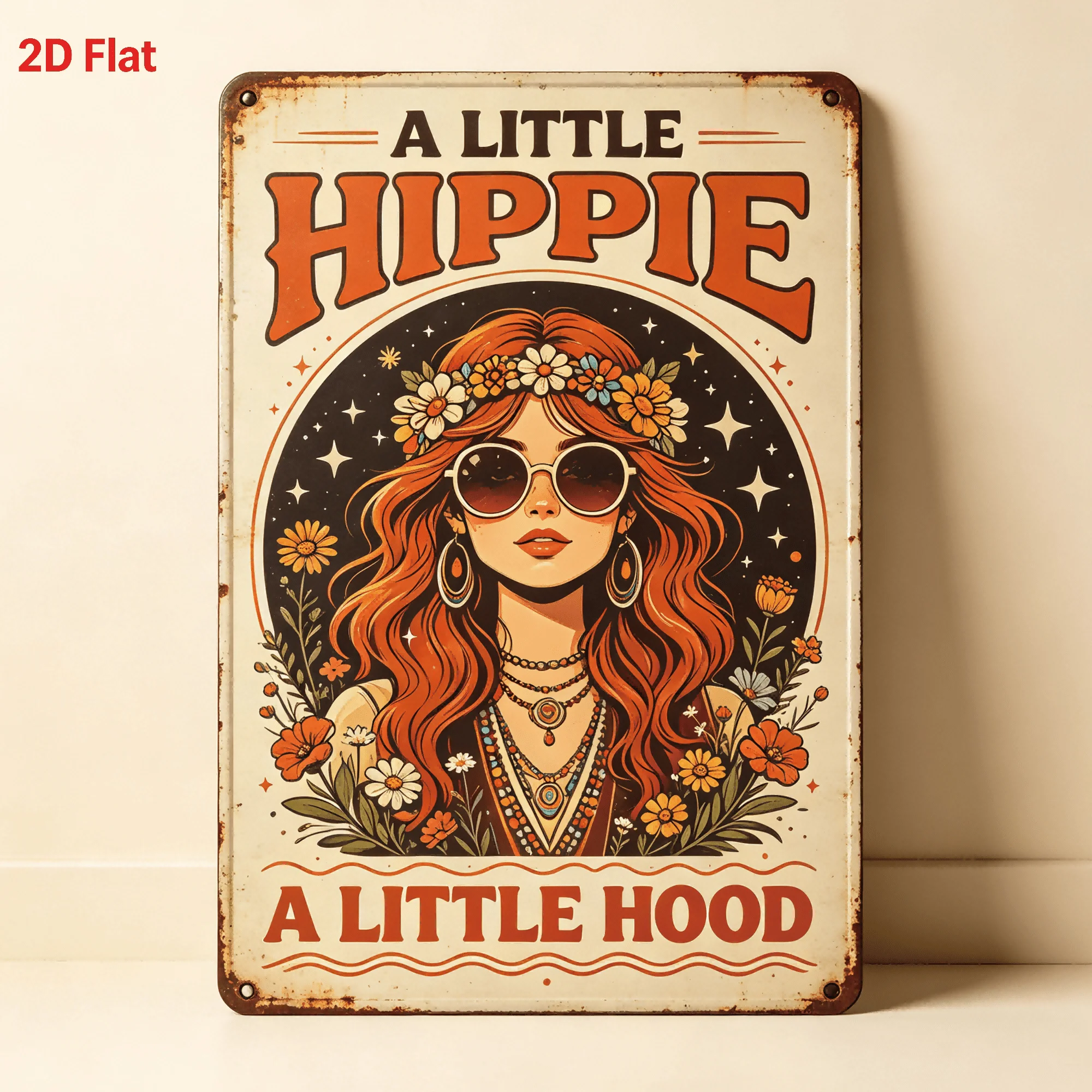 2D Flat - 【2D Flat】 2D Flat - [2D Flat] 1pc Metal Wall Art Vintage Hippie Theme Decor Pattern Hippie Girl with Flower Crown S
