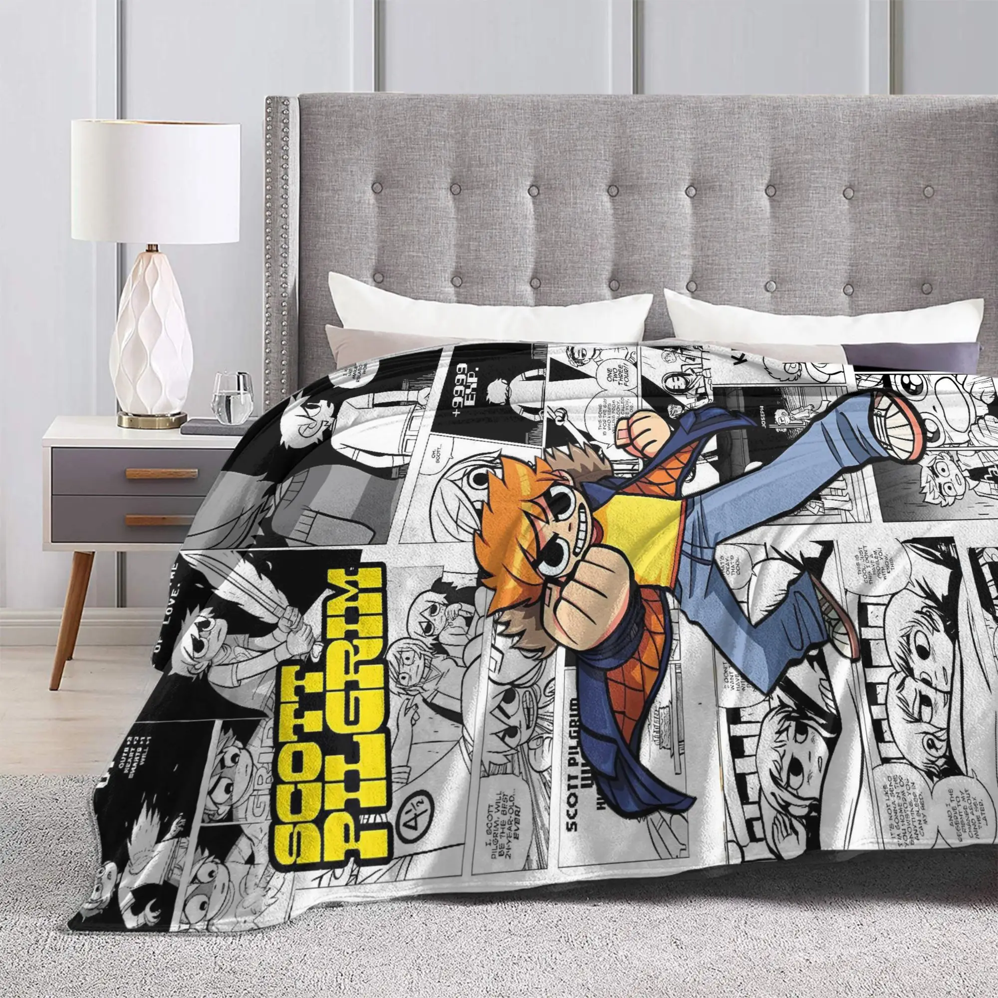 Scott Pilgrim Comic Jump Flannel Blankets Winter  Warm Bedding Throws for Students Bedroom Novelty Bedspread Sofa Bed Cover