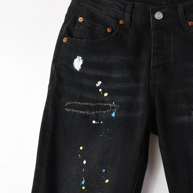 American Retro Red Stitch Ripped Slim Jeans Gradient Washed Button Waist Design High Street Fashion Long Pants