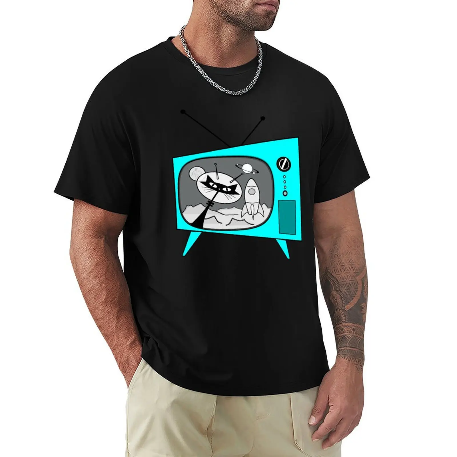 

Cats in Space Black and white tv show T-Shirt vintage quick drying mens t shirt
