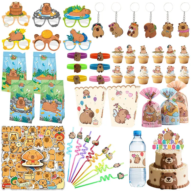 Capybara Birthday Party Favors Cake Topper Keychains Papa Circles Stickers Balloons Gift bags Blind Bags for Kids Party Supplies