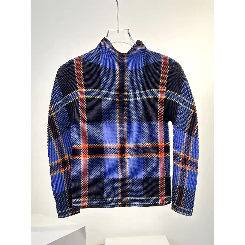  Pleated Plaid Long Sleeve T-Shirt Half High Collar Autumn New Slim Fit Base Shirt Top Women's Stretch Fashion Clothing