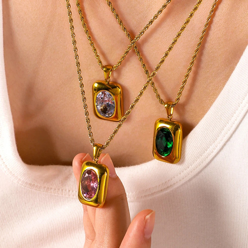 Fashion Gold Color Round Zircon Square Pendant Necklaces Stainless Steel Waterproof Necklace Party Wedding Jewelry for Women