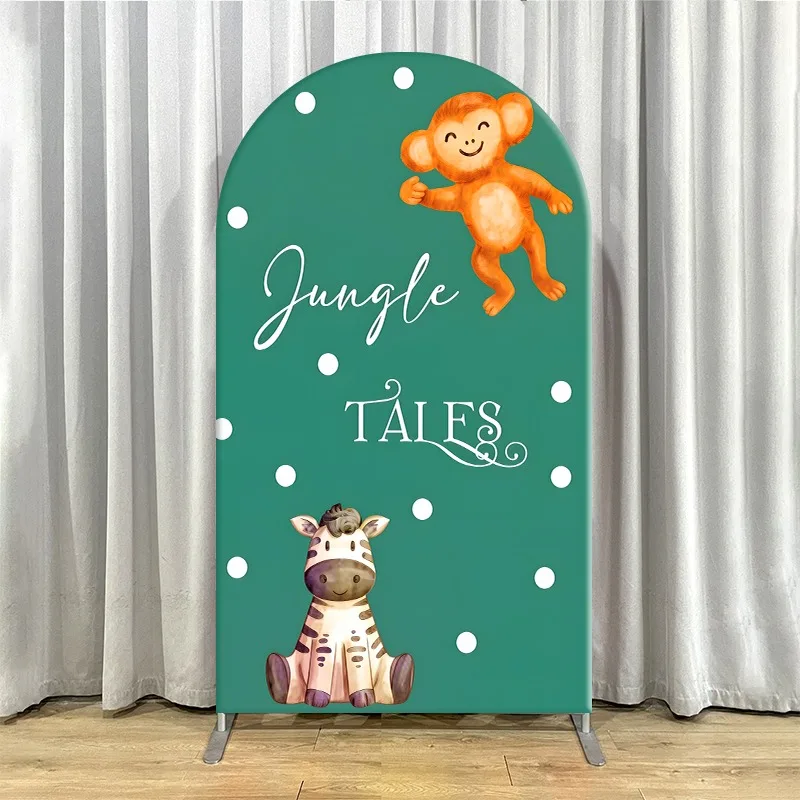 Arch Backdrop Cover Single Side Jungle Animal Wild One Tales Green White Party Decoration Photo Booth Background Event Supplies