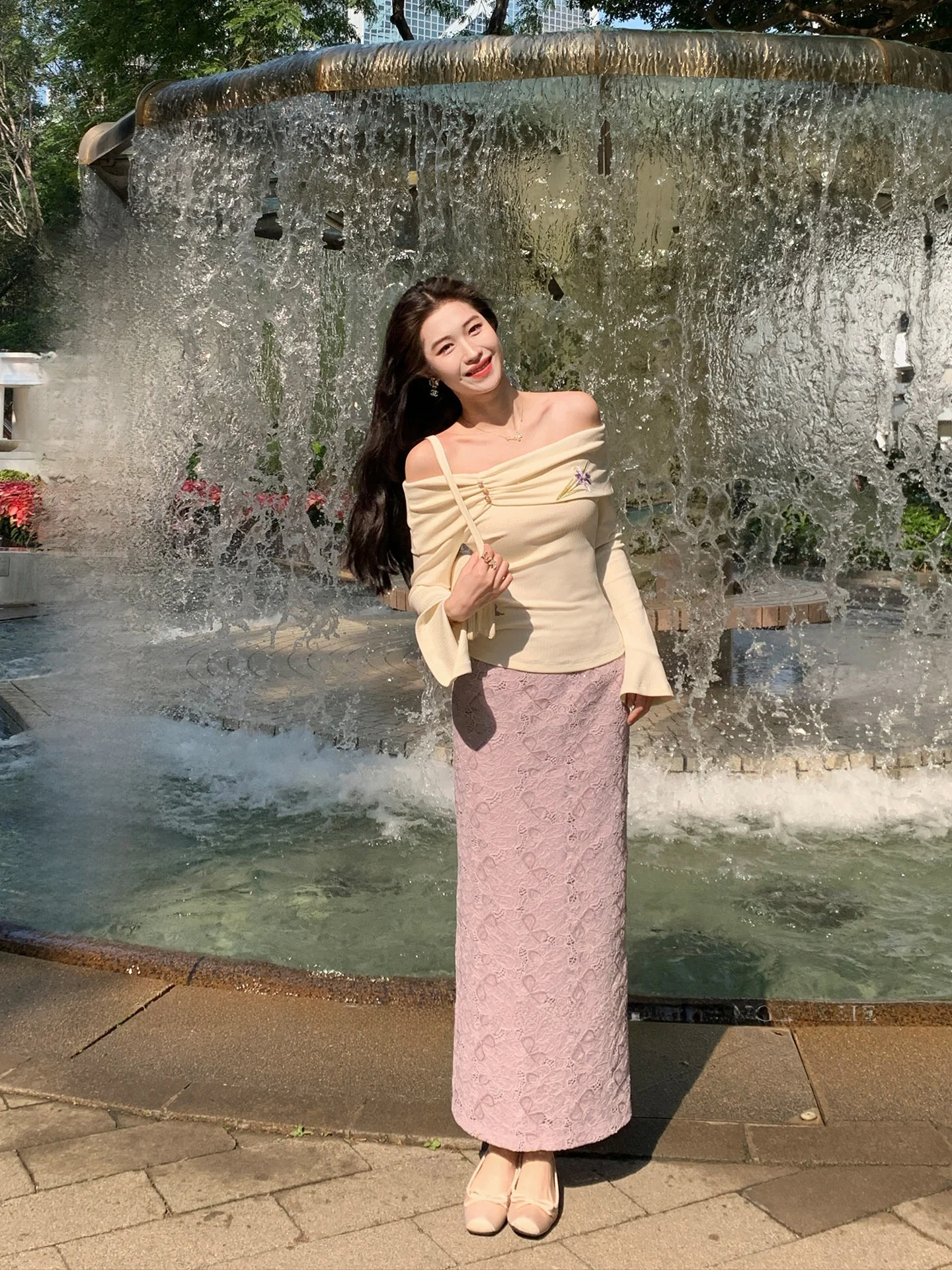 Falda Larga de Encaje con Bordado de Cintura Alta Lingan Zhihe, Color Rosa, para Mujer, Estilo Francés, Elegante, para Principios de Primavera