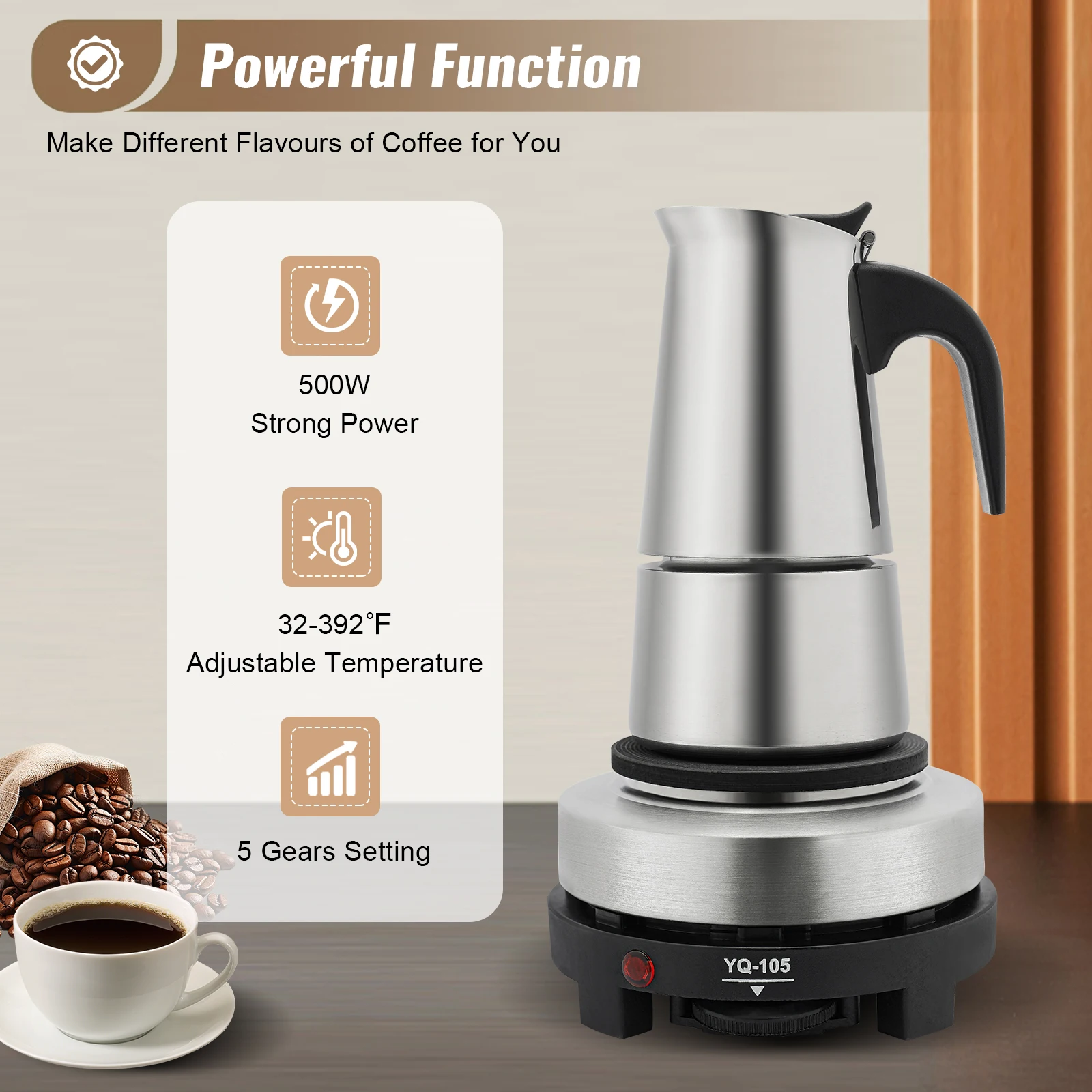 500W Home Coffee Pot, Stainless Steel Coffee Pot Stovetop Espresso Maker w/ Stove, Italian Coffee Machine Maker Silver 110V