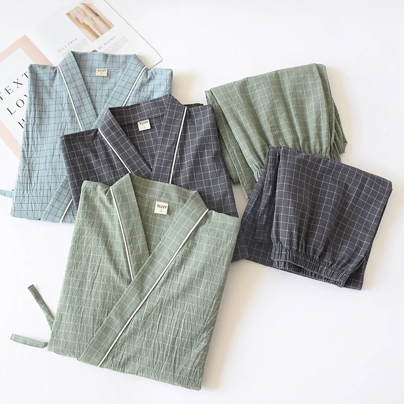 Kimono de estilo japonés, gasa de algodón, camisón a cuadros para hombre de primavera y otoño, conjunto de pijama con cordones yukata para servicio doméstico de dos piezas