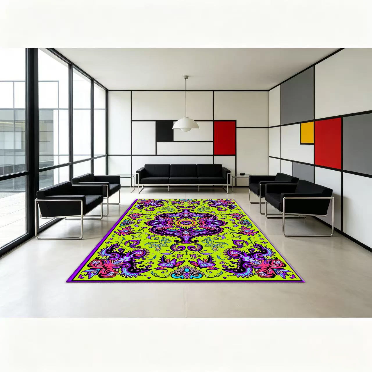 Bright Green and Purple Bohemian Mandala Carpet with Floral Pattern, Exotic Ethnic Print Carpet, Non-Slip Floor Mat Suitable for Home Room Decoration