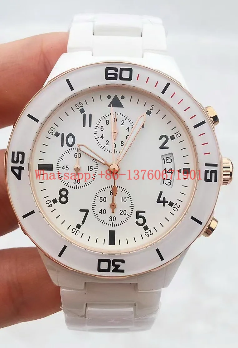 Luxury New Quartz Chronograph Watch Men Full Ceramic Stainless Steel Black White Rose Gold Diamonds Lady Fashion Watches