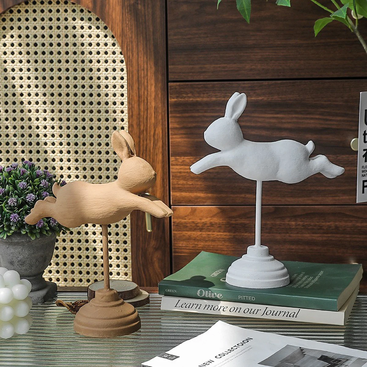 Flying Rabbit Figurine, Resin Bunny Sculpture on Stand, Cute Animal Decor for Home Shelf Tabletop