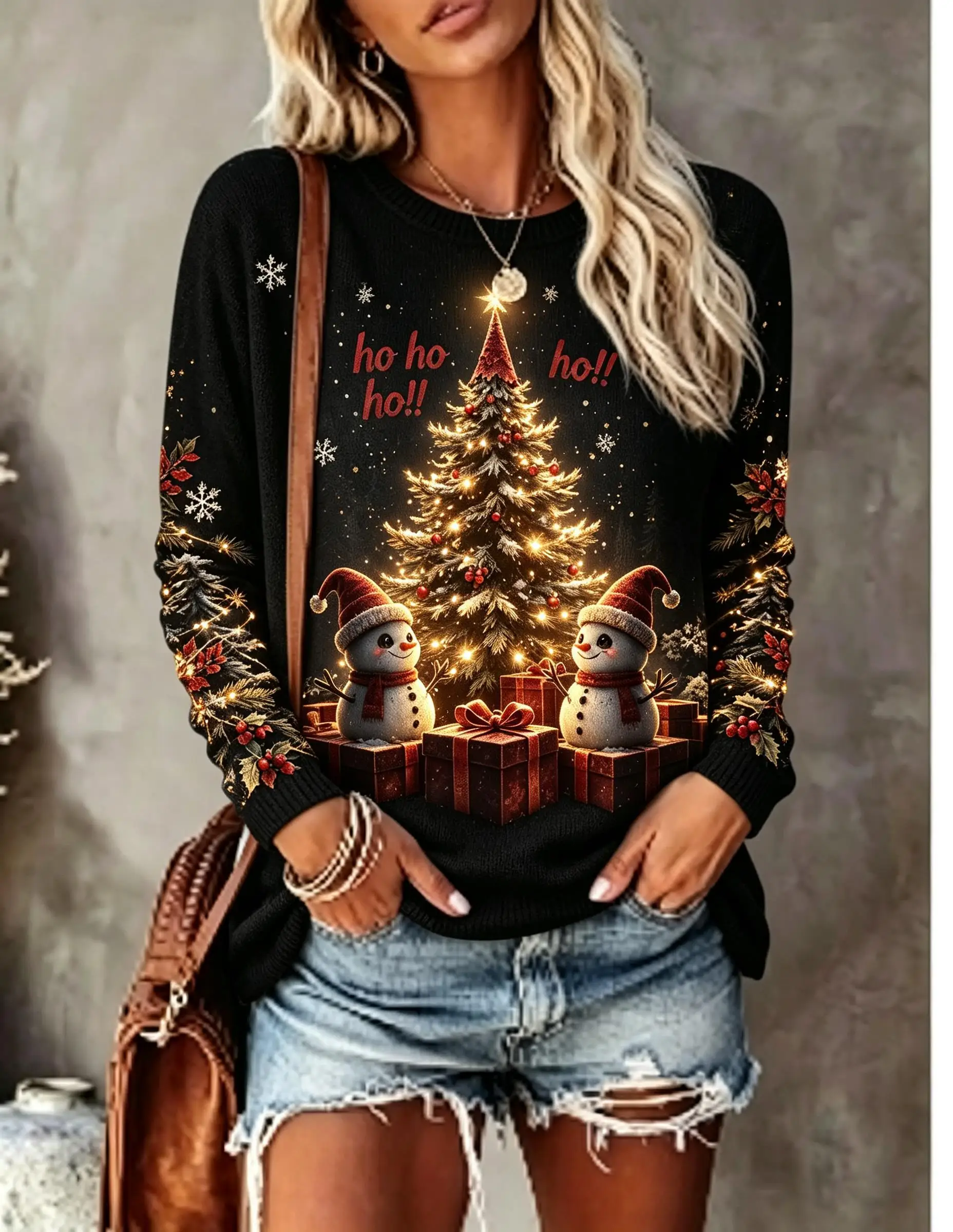 Women Long Sleeve T‑Shirt Winter Wishes Christmas Window Snowman Xmas Tree Snowflake Print Crew Neck Casual Tops