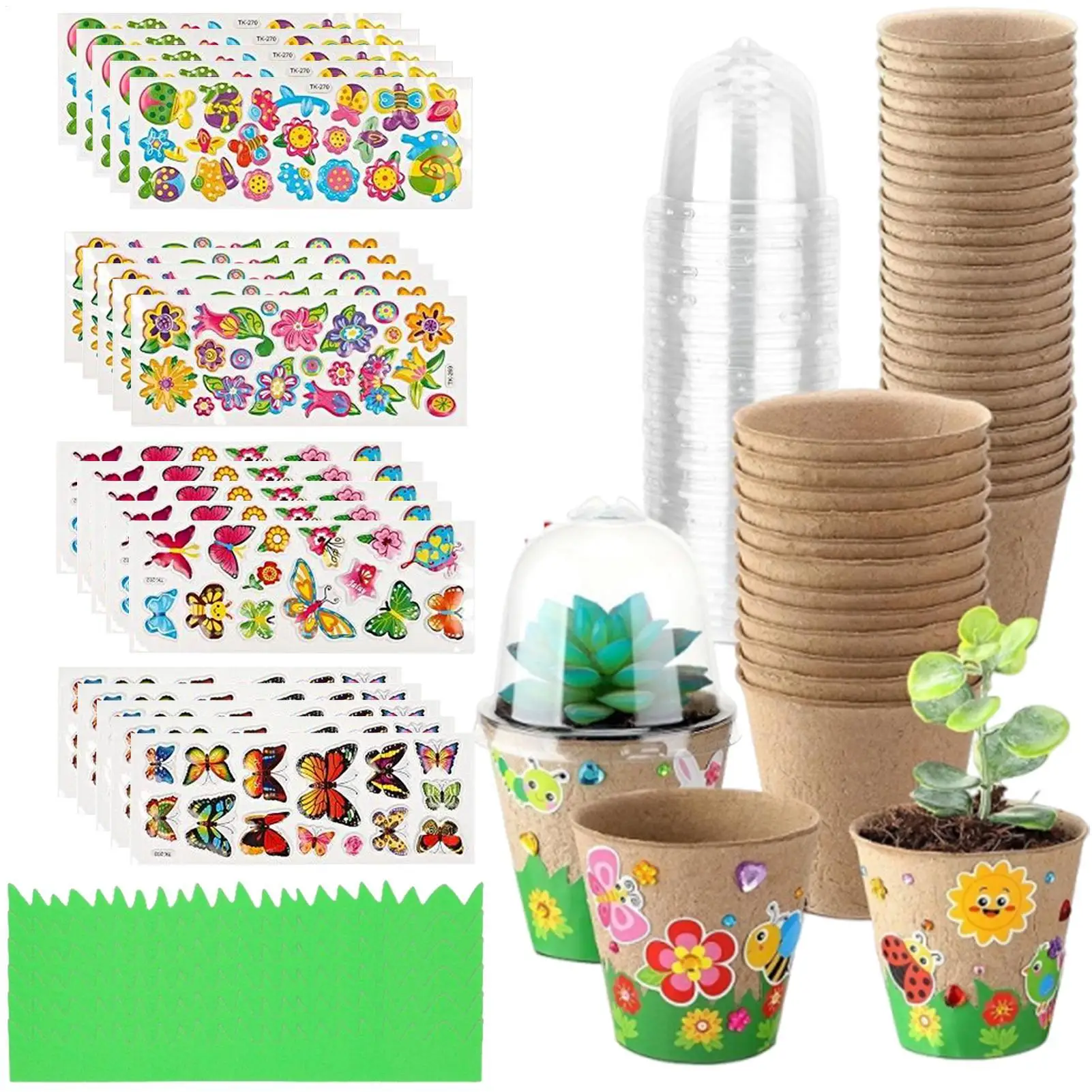 30pcs Handmade Garden Biodegradable Seedling Flower Pots With Domes Paper Craft Kit With 20 Sheets Stickers For Kids DIY Garden