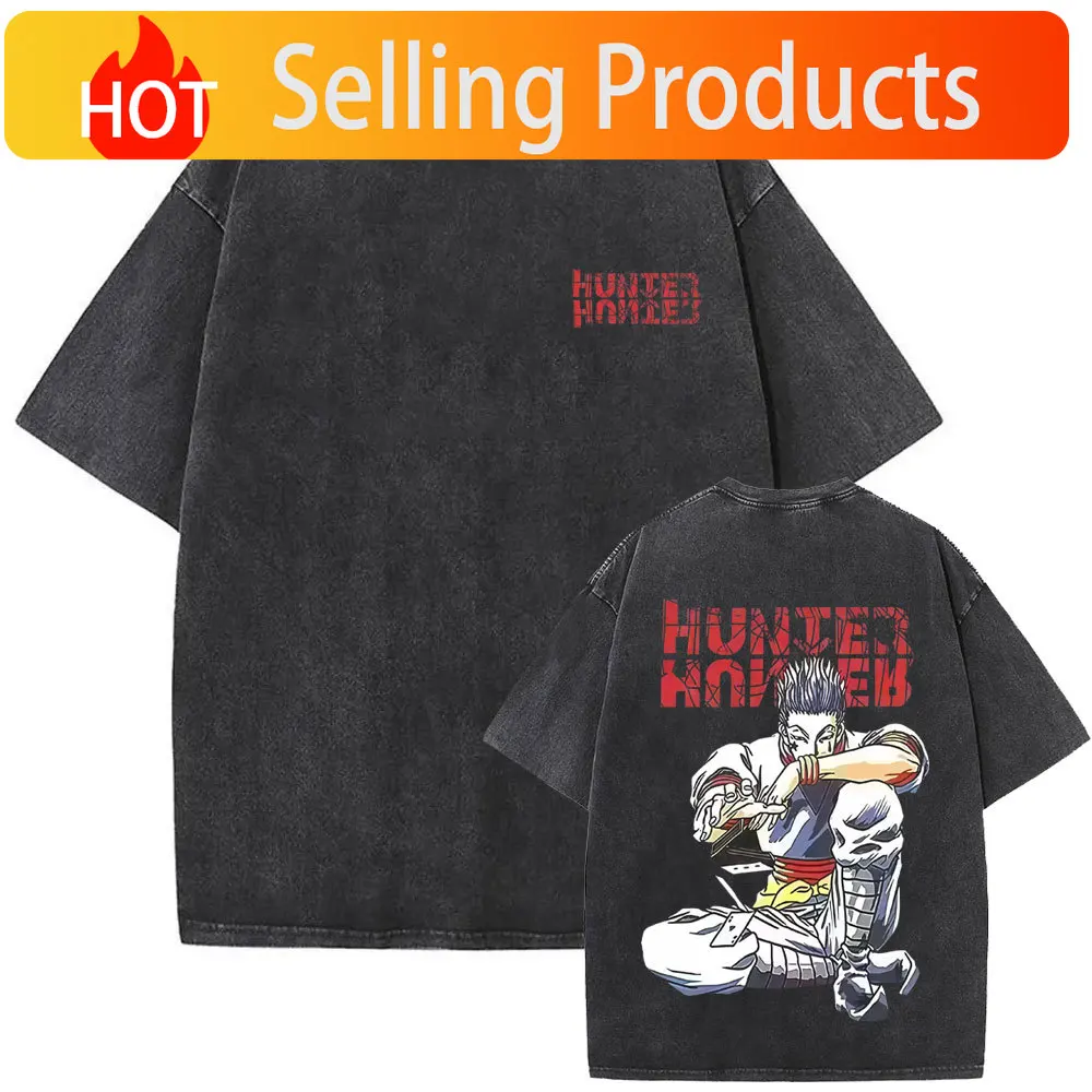 Camiseta Vintage Lavada de Anime Hunter X Hunter con Gráfico de Hisoka, Camiseta Casual de Algodón Oversize para Hombre y Mujer, Tops de Manga Corta