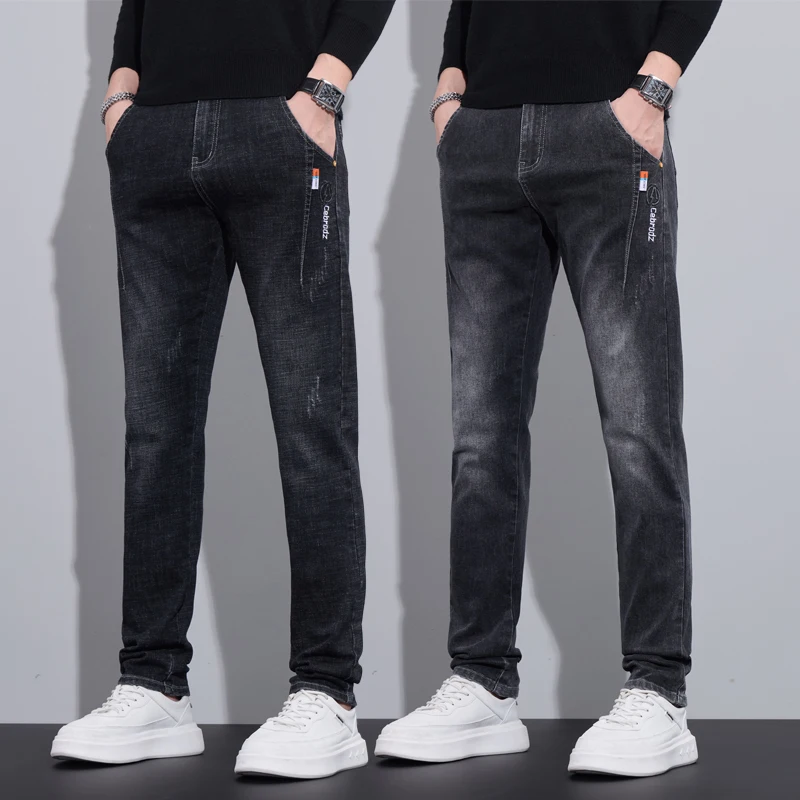 

New Black Gray Slim Jeans Casual Soft Elastic Men'sTrousers Classic Regular Stretch Pants Cotton Denim Male Breathable Trousers