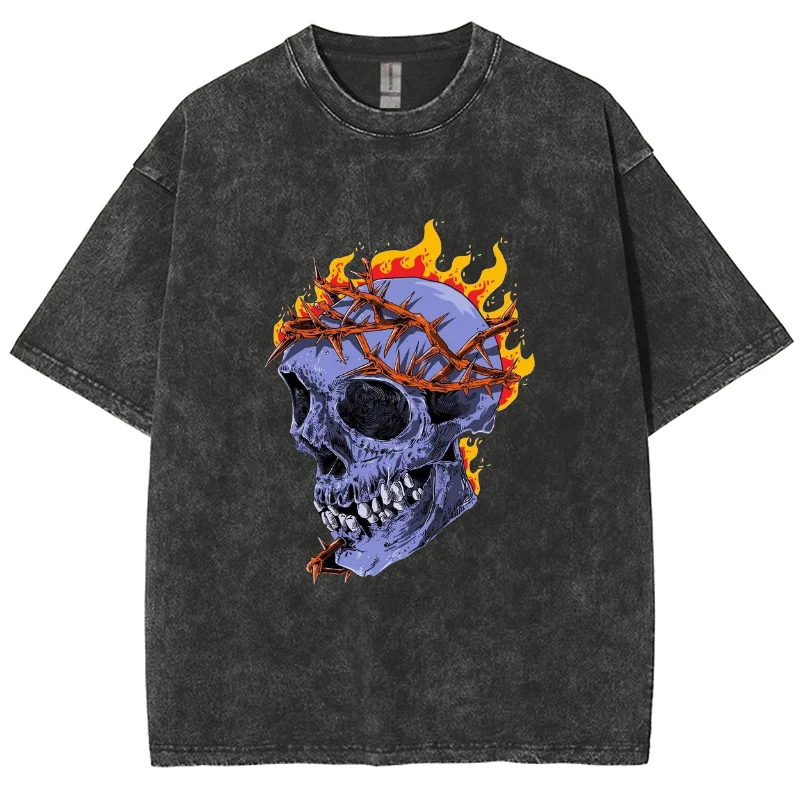 

Skull Flame Print Women's T-Shirt Fashion Design High Street Hip Hop Short Sleeve Loose ZTE Wash Vintage Top Tee