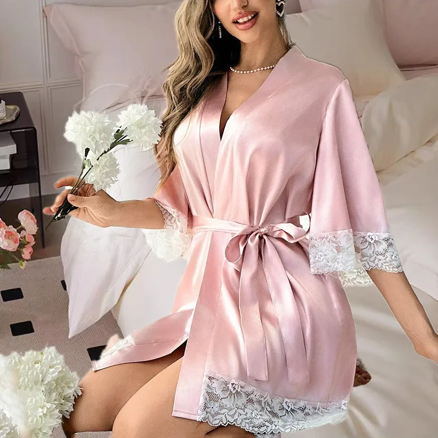 European and American bride bathrobes lace-up home casual nightgowns