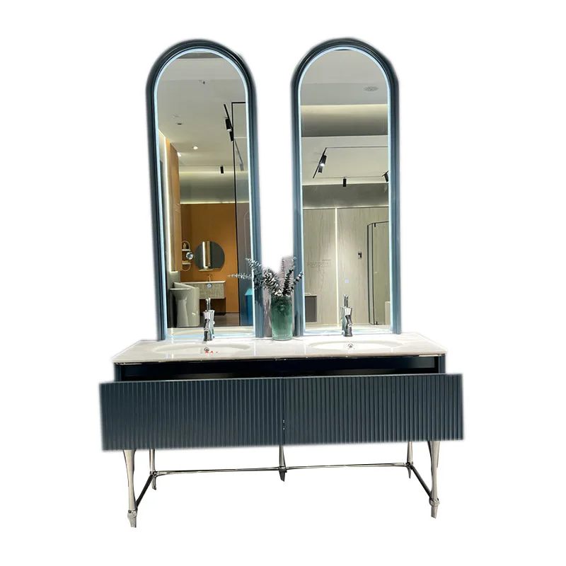 

Elegant green bathroom vanity with double mirrors and double sinks for stylish bathrooms