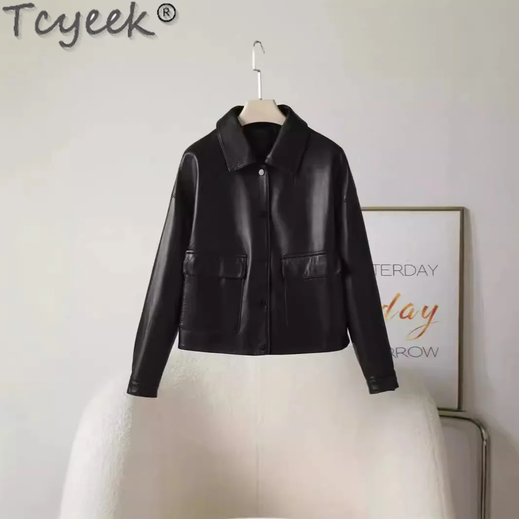 Tcyeek, chaqueta de cuero auténtico para mujer, abrigo de piel de oveja para primavera y otoño, abrigo de cuero negro, chaquetas de motocicleta para mujer 2024, chaqueta de cuero