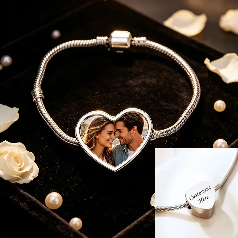Personalised engraved image pendant heart-shaped snake bone bracelet, memory keepsake jewellery gift