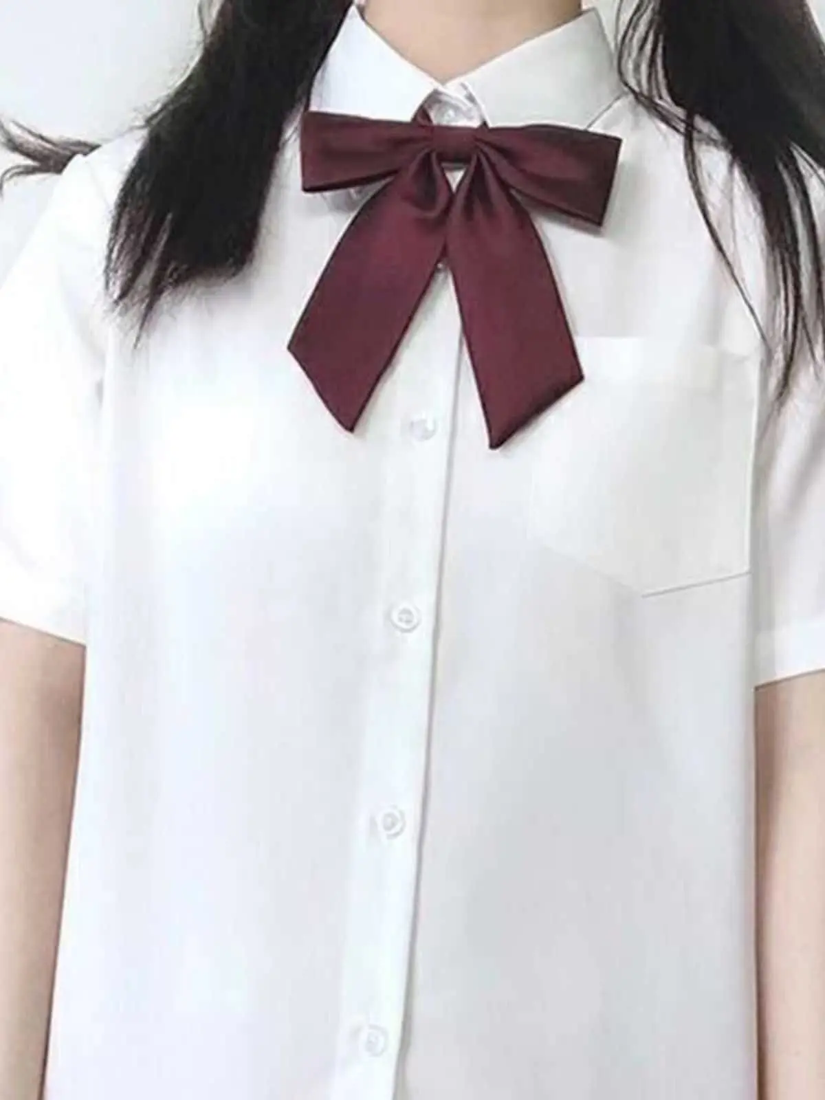 

Loose Fit Basic Short Sleeve Neck Uniform Shirt with Bow Tie Korean Style Casual Summer Top for Young Women