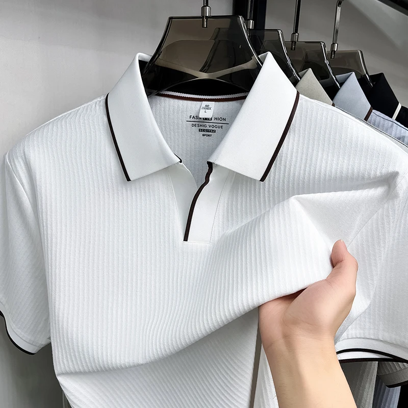 Personality solid color striped short sleeve polo shirt new business casual summer breathable T-shirt fashion V-neck men's wear