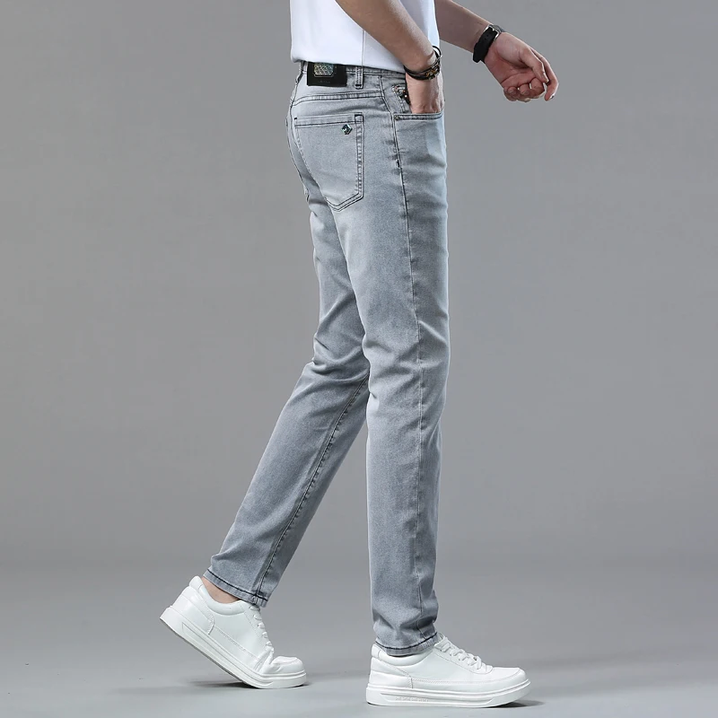 Light gray summer jeans MEN'S thin breathable soft stretch slim fit pencil street fashion high-end casual boys