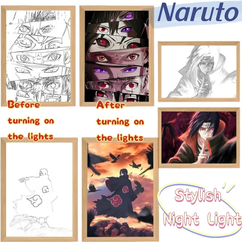 Naruto cartoon personalized light painting Uchiha Itachi, Naruto, Sasuke, Kakashi glowing line bedroom fashion photo frame lamp