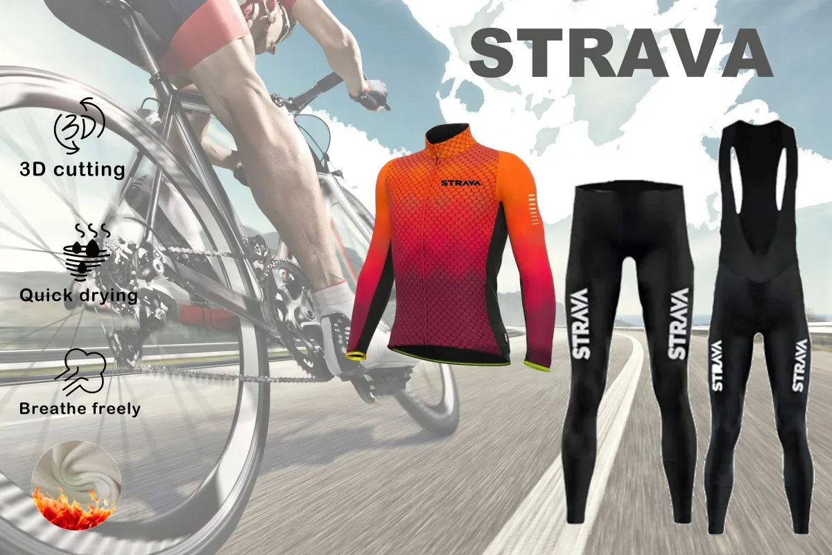 STRAVA Bike Road Mountain Bike Mens Jacket Winter Fleece Long Sleeve Long Pants Cycling Jersey Three-Piece Christmas Gift