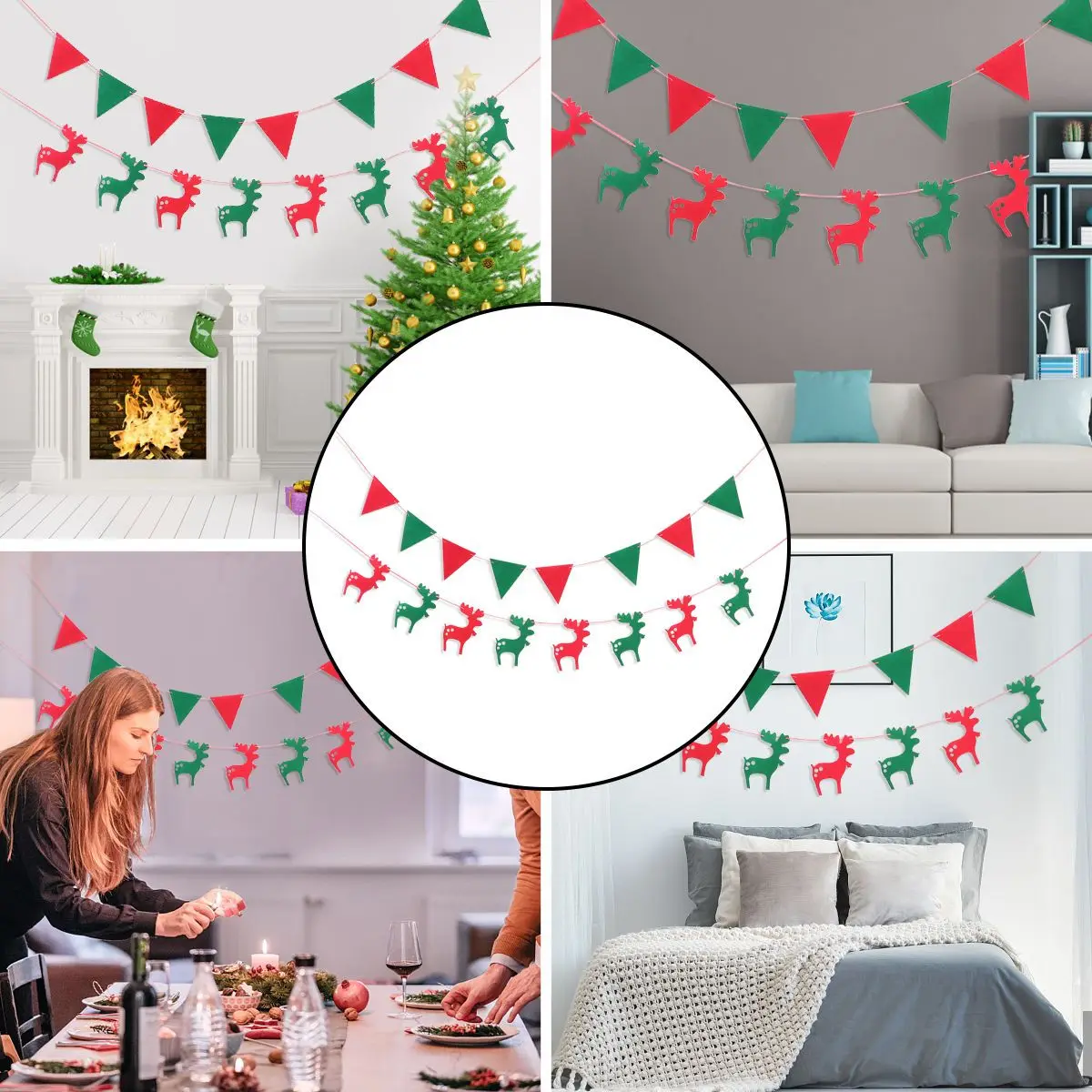 

2Pcs Christmas Pennant Decoration Red Green Deer Pattern Classic Color Combo Festive Home Party Ornament Christmas String Flag