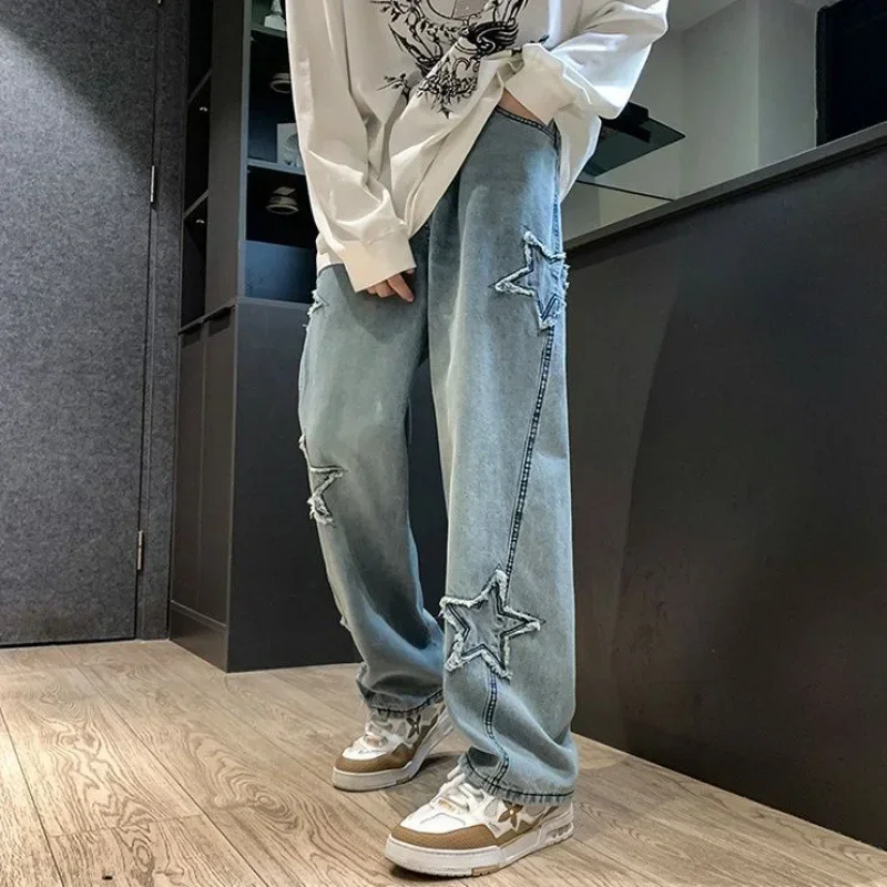 Embroidery Jeans Men's Stars Fashion Y2k Straight Pants Balck Blue Male Clothes Hip Hop Trousers Wide Homme Pantalon