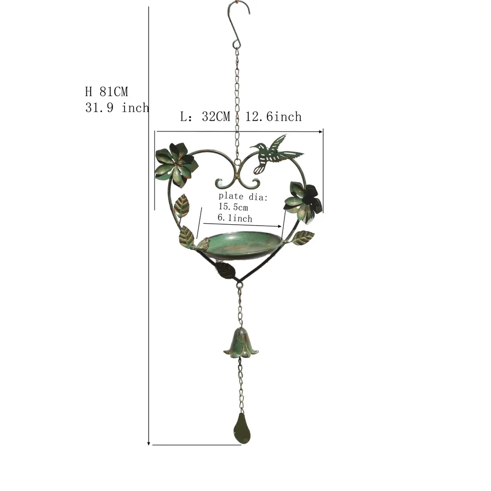 Heart Formed Bird Feeder with Bell for Outdoor Garden Use Rustic Green Iron Construction Rustic Decor All Season Durability