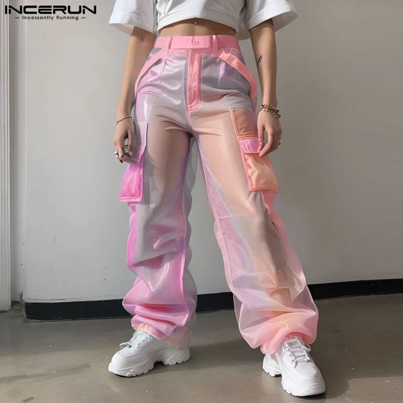 INCERUN Men Pants Mesh Gradient Button Joggers Straight Trousers Men Joggers Streetwear Pockets Oversize Fashion Long Pants 2026