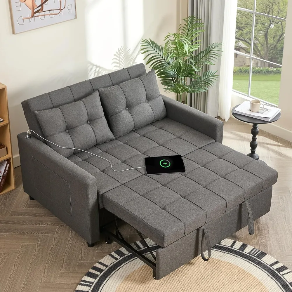 

52 Sleeper Sofa with Pull-Out Bed, 3-in-1 Convertible Sofa Bed, Loveseat with Steples Adjustable Backrest and Side Pocket