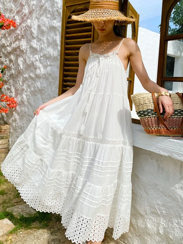 

Bohemian White Dress Women Summer Sleeveless Seaside Vacation Beach Suspender Dresses A-Line Hollow Embroidery Hem Long Dress