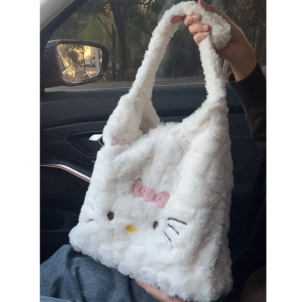 Miniso Sanrio Hellokitty tas bahu tunggal wanita, tas Tote kapasitas besar berbulu mewah lucu musim gugur dan musim dingin