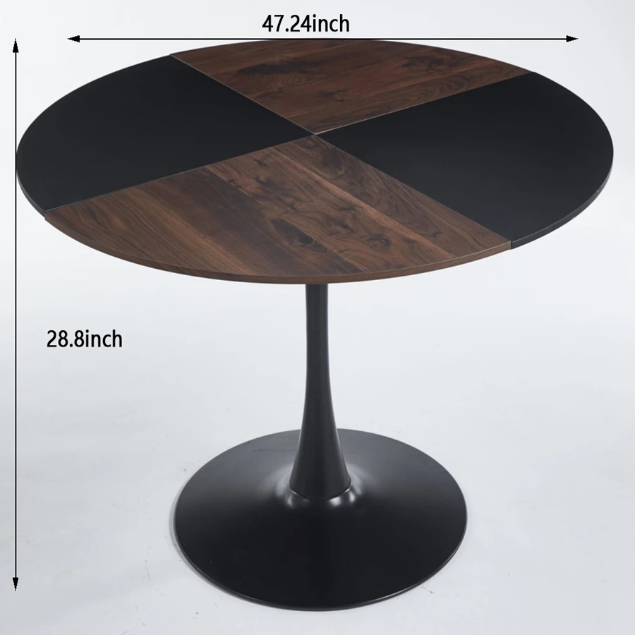 47.2 Inch Tulip Round Dining Table, Mdf Black And Brown Dining Table, Strong And Reliable Metal Legs, Easy To Assemble