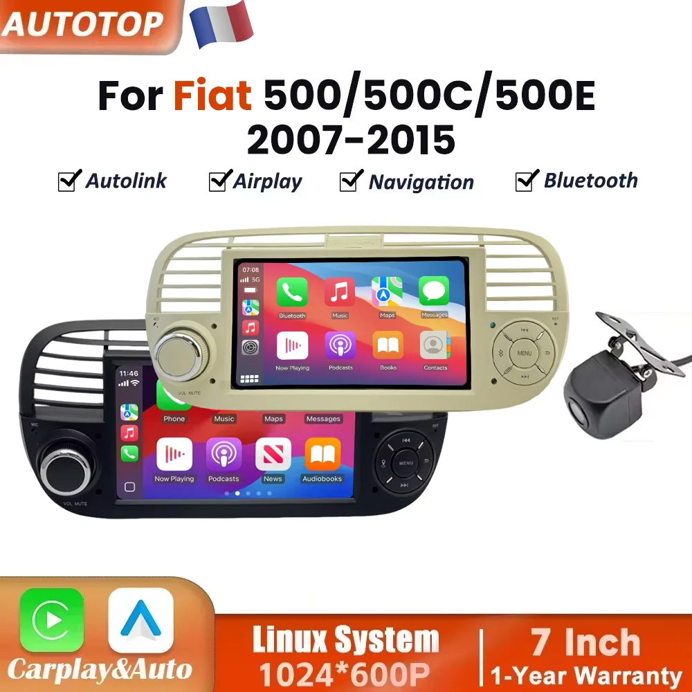 Autoradio da 7 pollici con CarPlay wireless e Android Auto per Fiat 500 500C 500E Abarth 2007-2015, sistema multimediale intelligente con schermo touch, stereo, autoradio, navigatore, BT, GPS, SWC