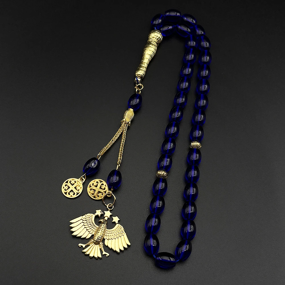 Syrisches Nationalemblem Symbol Adler Sterne Auto-Anhänger Edelstahl Syrien Blaues Glas Ovaler Tasbih Gebetsperlen Kette Schmuck – Detail 3