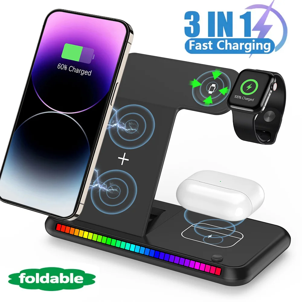 100W LED Fast Wireless Charger Stand 3 in 1 Foldable Charging Station For iPhone 15 14 13 16 Apple Watch 9 8 7 6 5 Airpods Pro