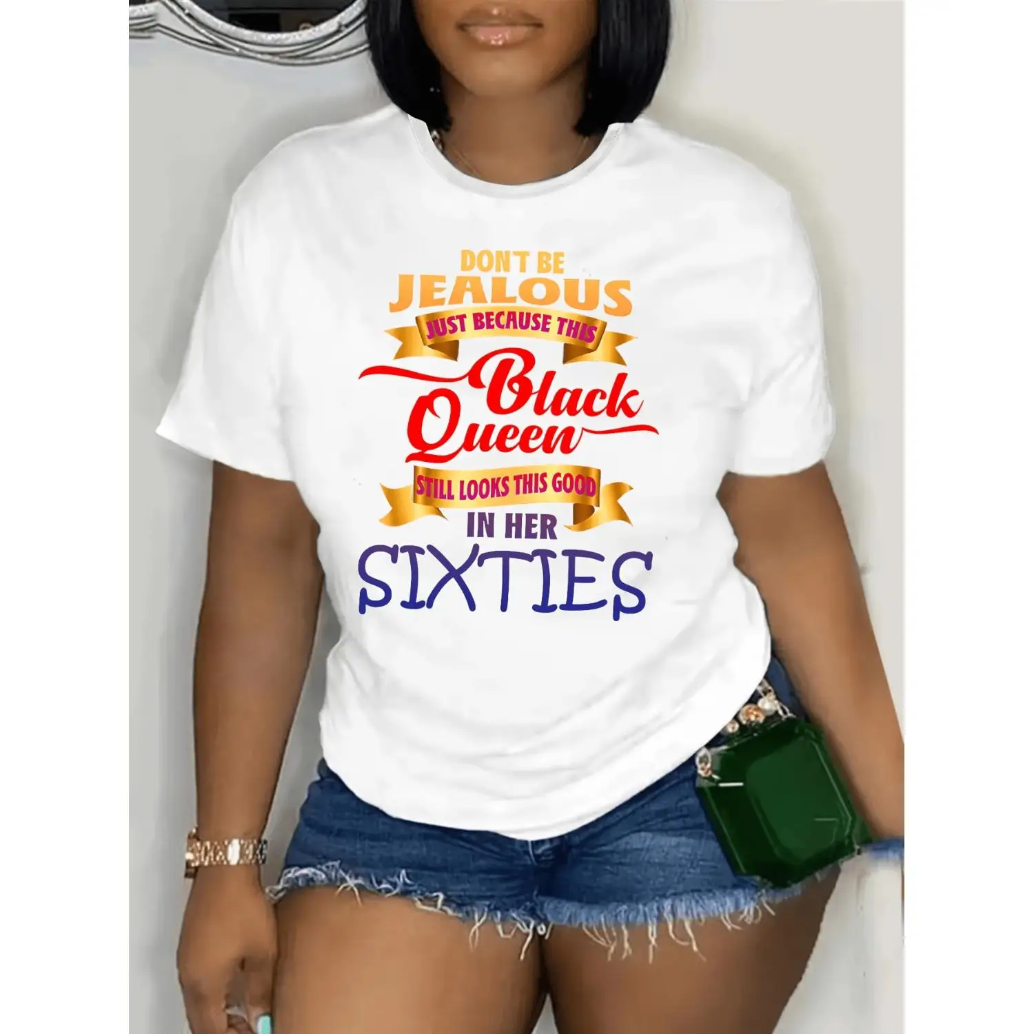 SIXTIES Print T-Shirt, Casual Short Sleeve Top For Spring & Summer, Women's Plus Size Clothing