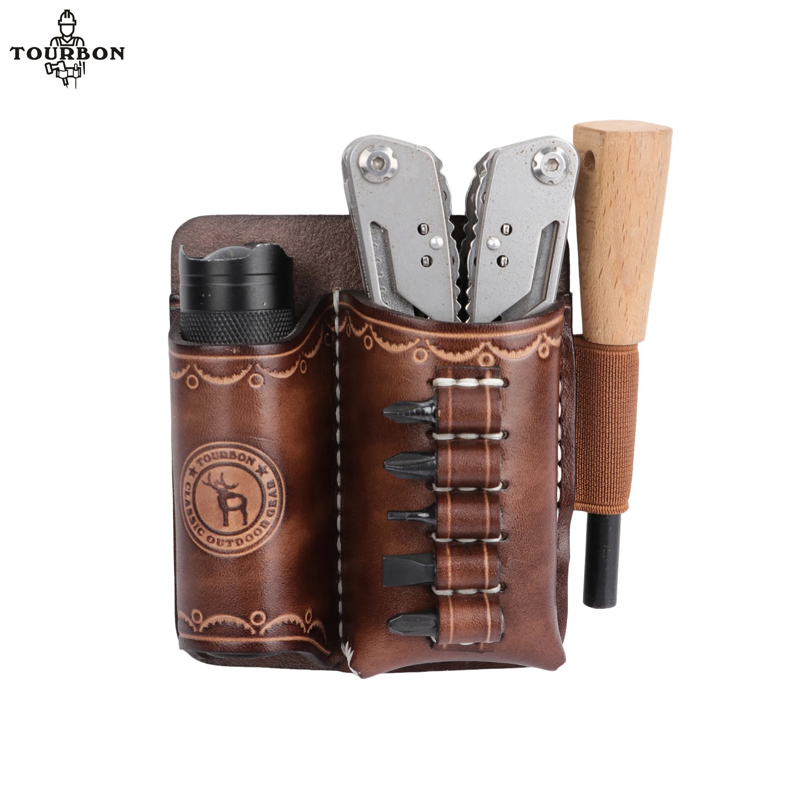 

Tourbon Leather Belt Holster for Folding Knife & Flashlight Multi Tool Belt Pouch for Outdoor Construction Camping Brown