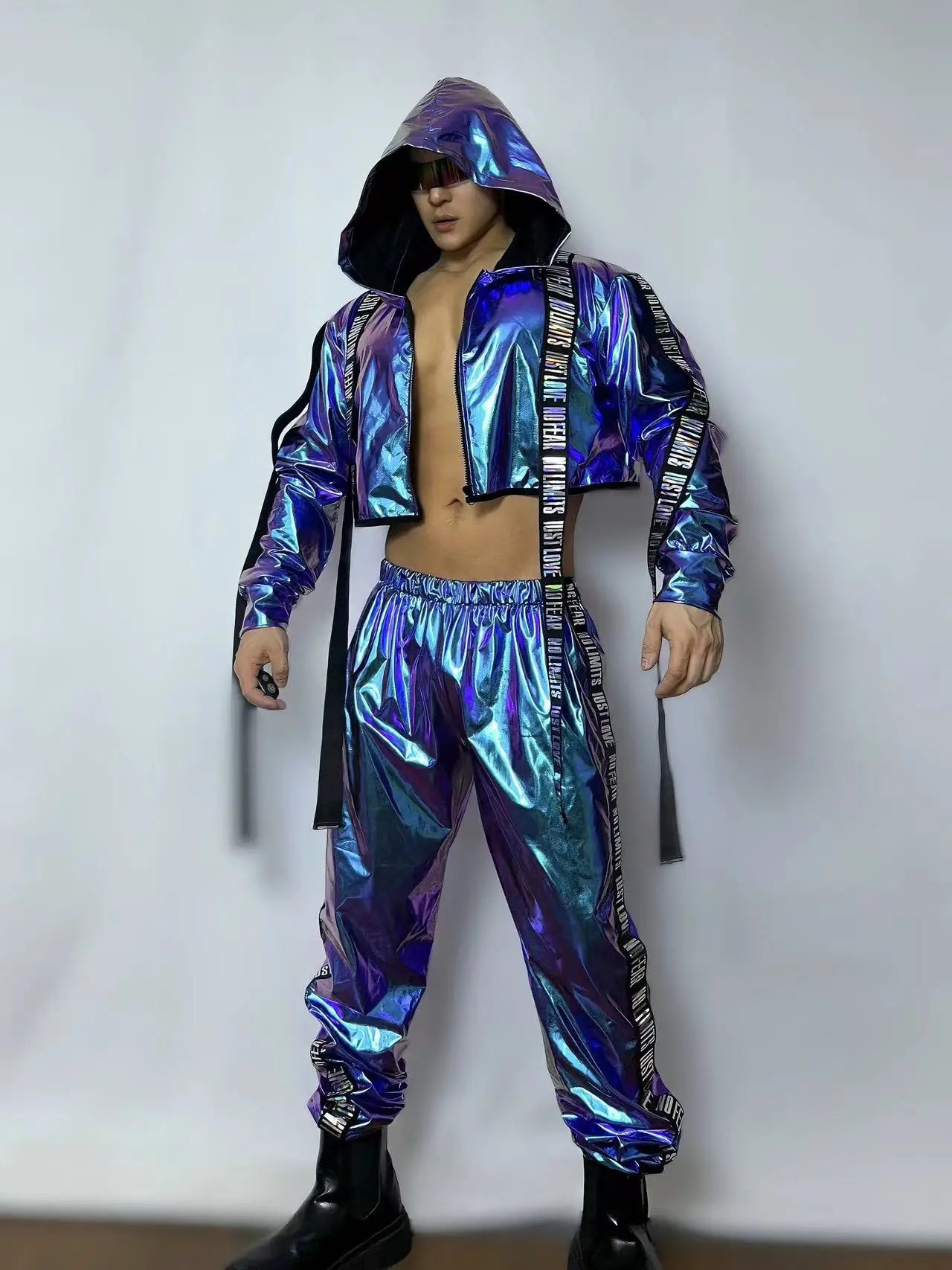 Male Team Jazz Hip Hop Dance Costume Punk Style Letter Bandage Laser Hooded Jacket Pants 2 Piece Set Nightclub Party Rave Outfit